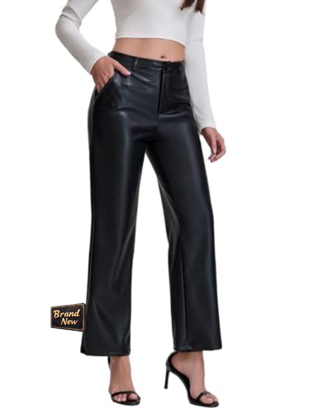 High Waist Faux Leather PU Straight Leg Wide Leg Trousers Pockets - Picture 4 of 7